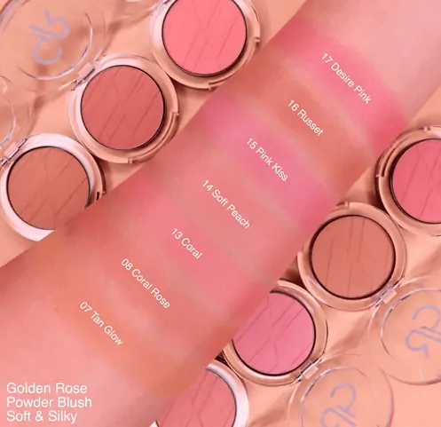 رژ گونه پودری گلدن رز مدل Powder Blush Soft And Silki رنگ Pink Kiss شماره 15