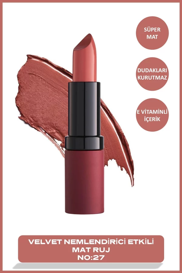 رژ لب جامد گلدن رز مدل Velvet Matte شماره ۲۷ رنگ Vintage Pink